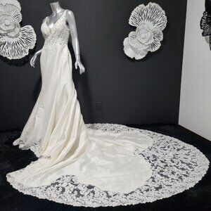 NWT~$2150~JUSTIN ALEXANDER~10/12~IVORY FIT & FLARE MERMAID LACE WEDDING DRESS